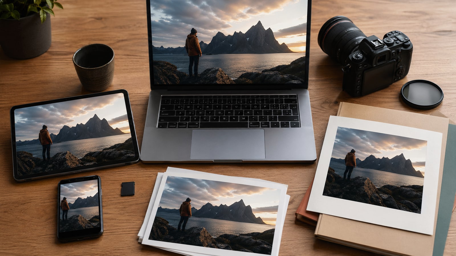 A photographer workspace with the same image shown on devices and prints, representing photo format choices.
