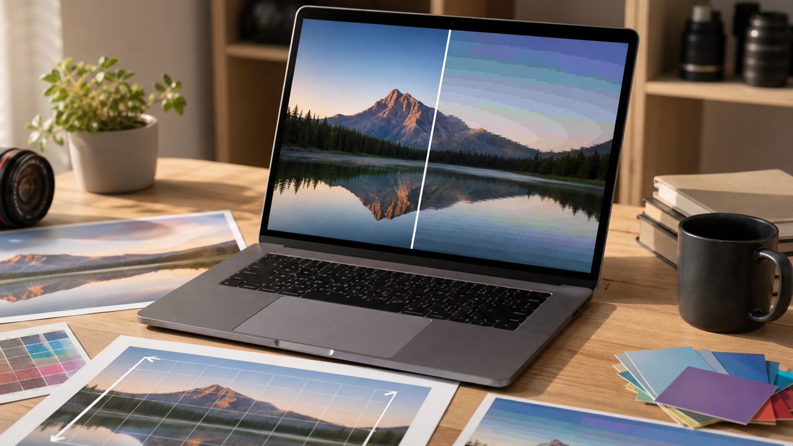A photo editing desk with before-and-after image previews showing compression artifacts, resizing guides, and color swatches.