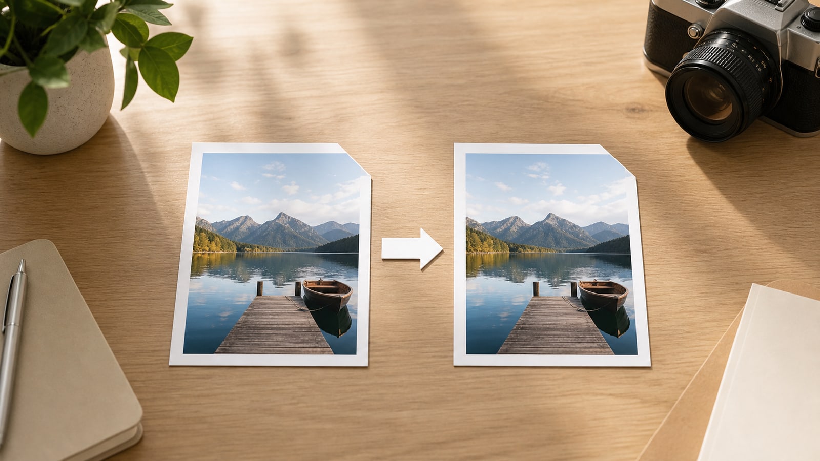 Two identical photo files shown side by side on a desk workflow, representing a JPEG to JPG extension change without quality loss.