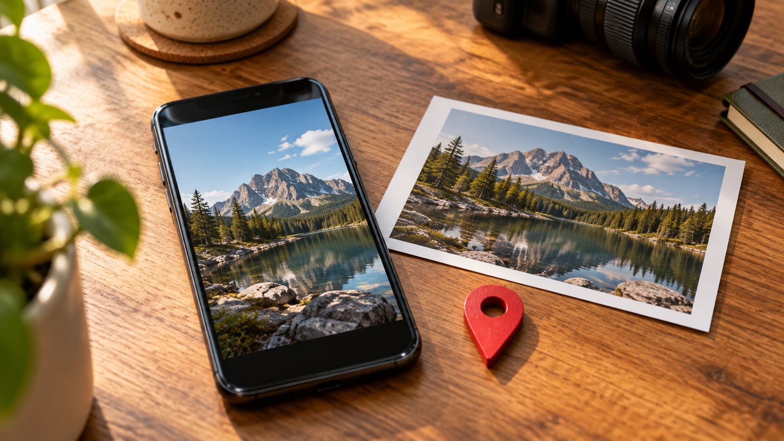 A smartphone and a printed landscape photograph on a warm wooden desk beside a small map pin symbolizing photo location metadata.